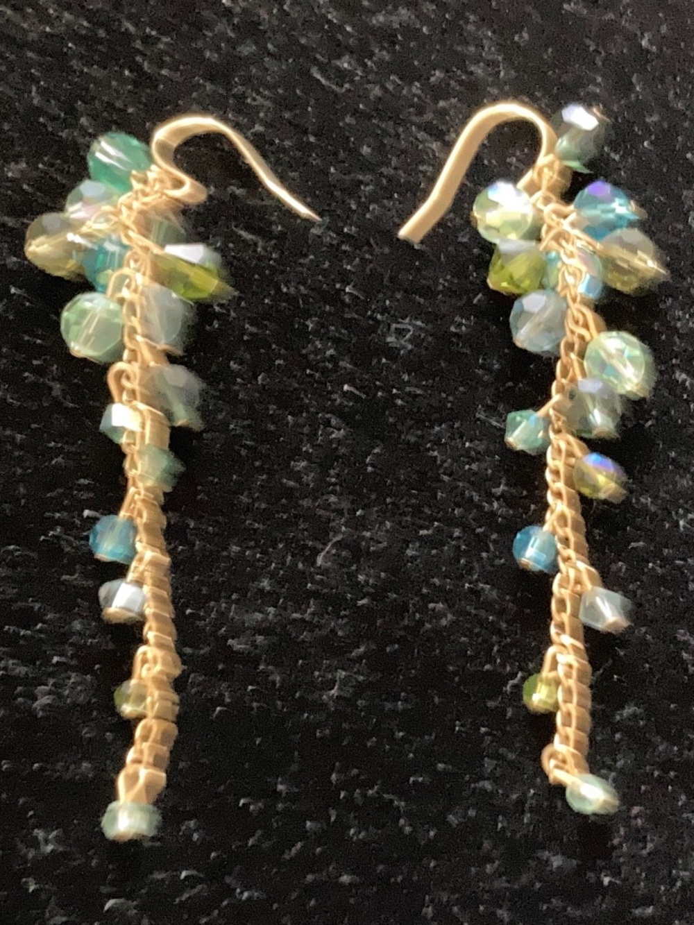 Yellow Gold Tone Long Drop Earrings/Shades of Blue & Green Faceted Beads/NEW!